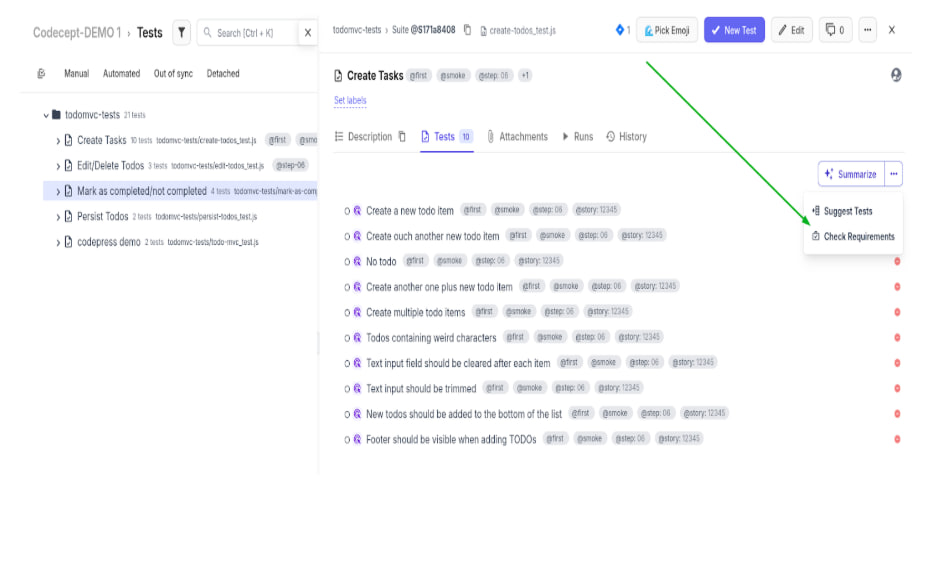 Screen with Testomat.io example
