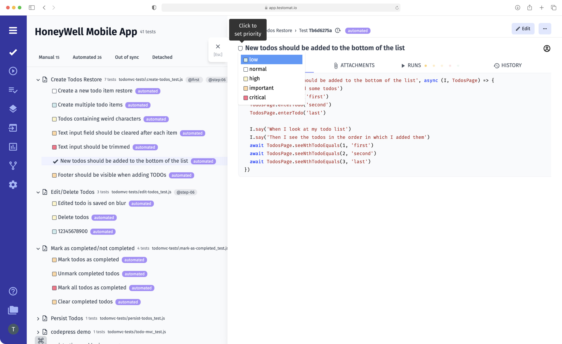Test Management Sorting Tests by priority