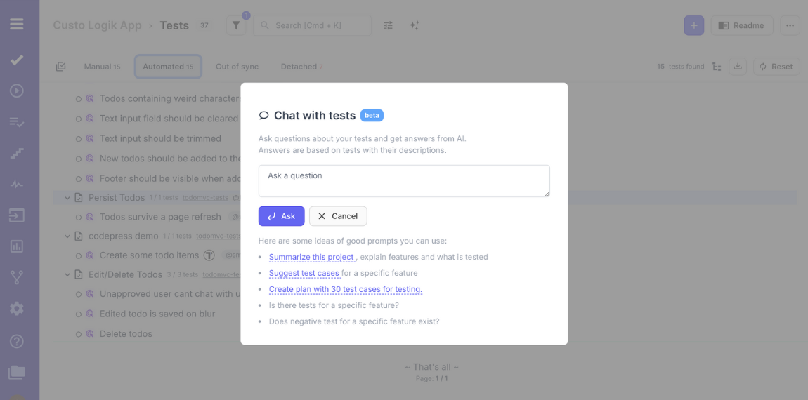 AI Test Management testomatio functionality screen