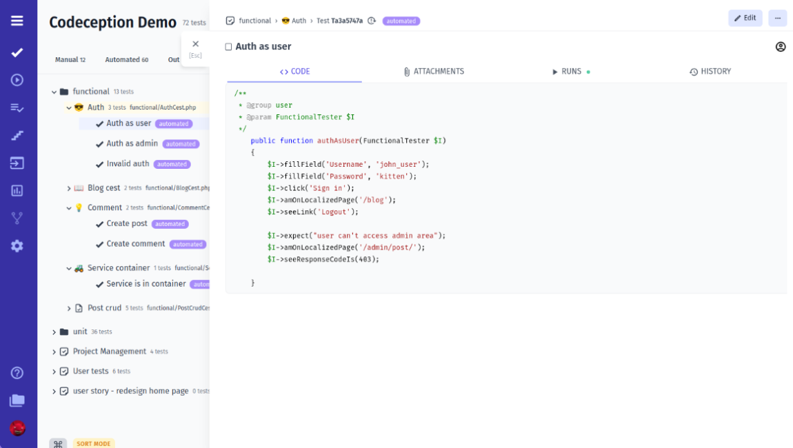 Codeception Test Management