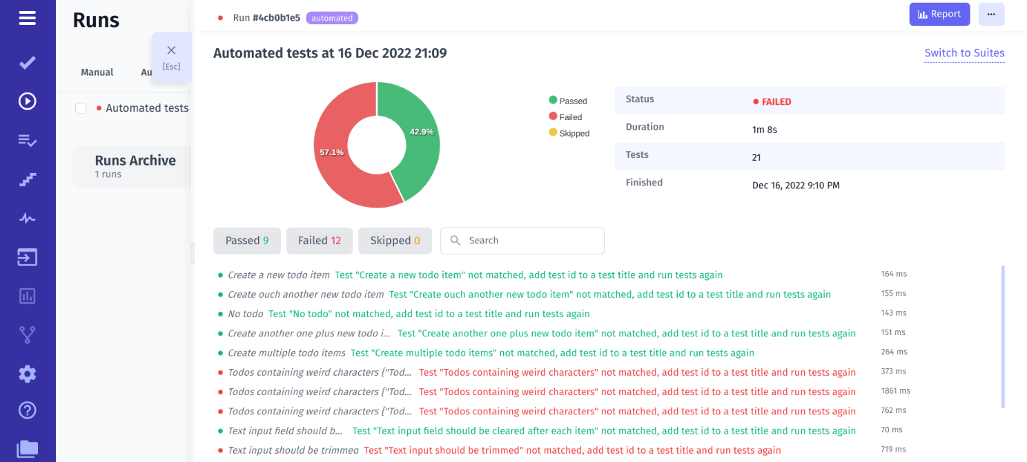 Start a test run and generate the report in CodeceptJS