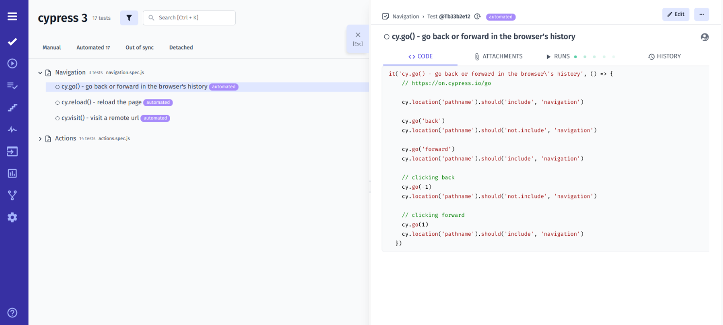 sorting tests by type Manual tests, Automated, Out of Sync or Detached