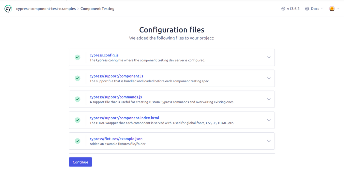 Report showcasing the configuration details of Cypress Component Testing