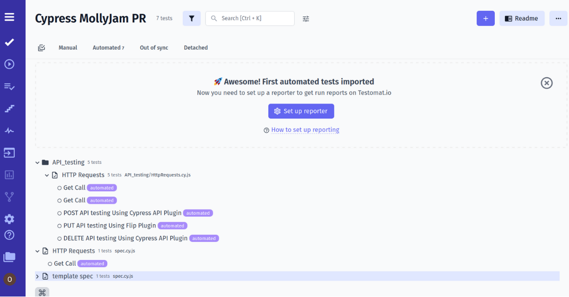 Cypress test cases imported into Testomat.io test management