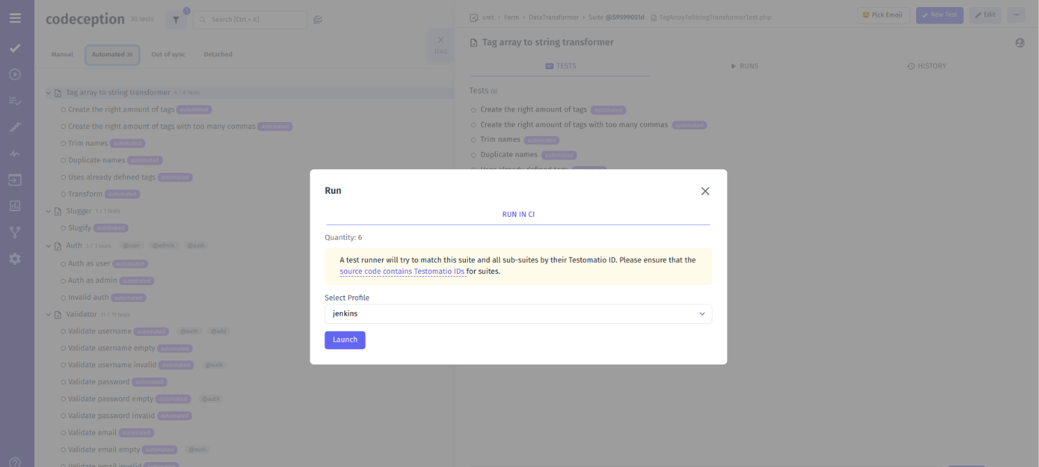 Launch automated tests jenkins Test management