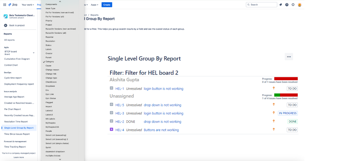 Single Level Group By Report of Custom Jira Report