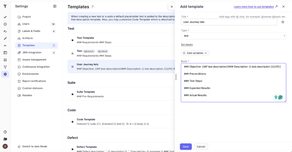 Templates available at Testomat.io for QA 