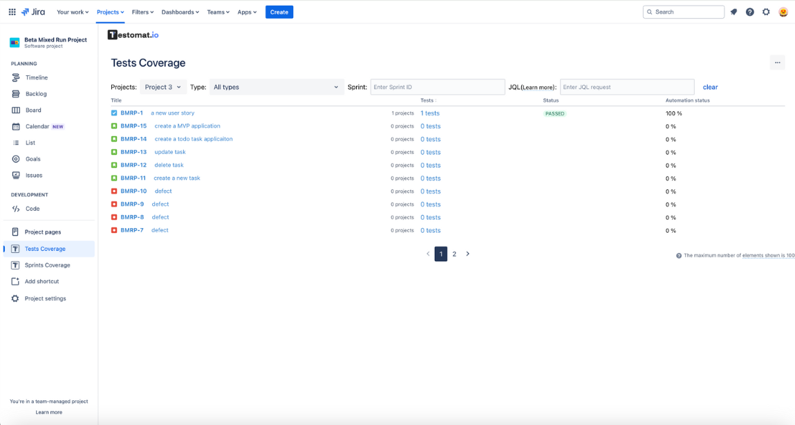 Jira test management plugin user stories